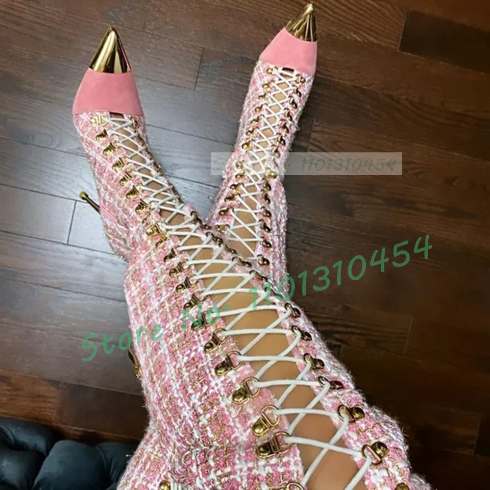 Sock Boot Women - Pink Plaid Hollow Tall Boots With