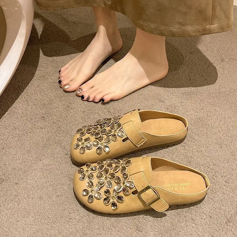 Women'S Shoes Clogs - Women's Floral Rhinestone Buckle Strap Closed