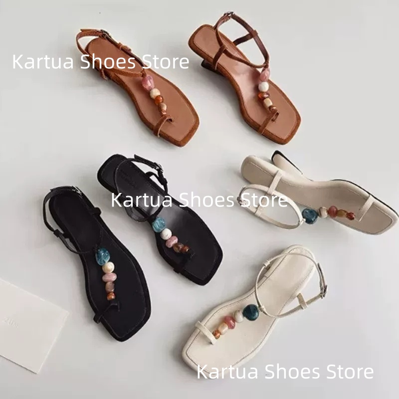 Thong Flat Sandal - Women's Black Suede Colorful Beaded Thong