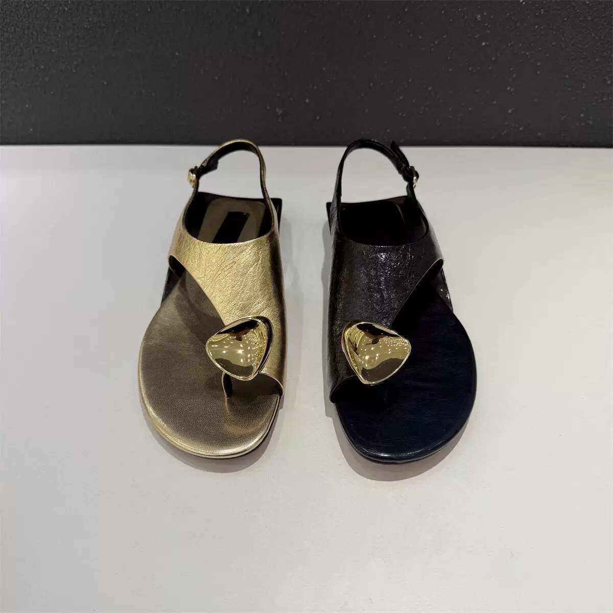 Thong Flat Sandal - Women's Metallic Heart Charm Thong Slingback