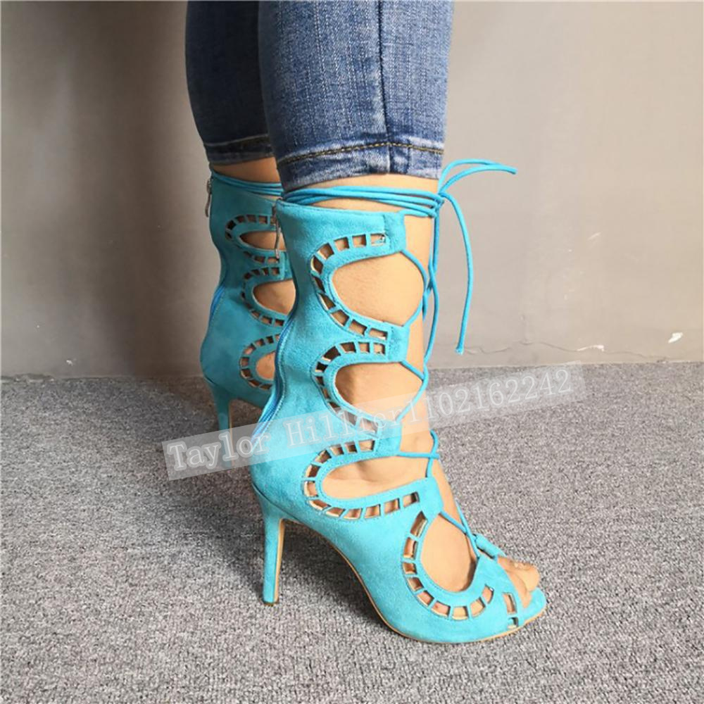 Blue Open-Toe Criss-Cross Stra - Suede Ankle Boot 评论和价格