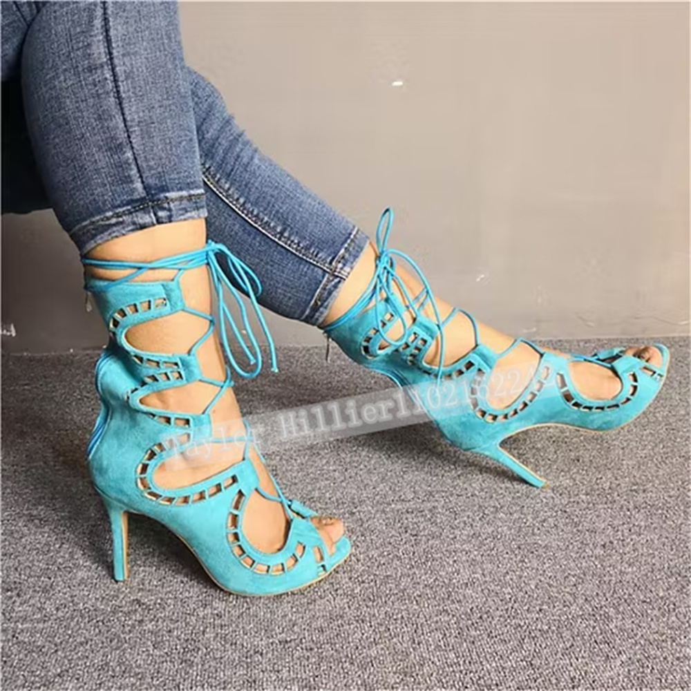 Blue Open-Toe Criss-Cross Stra - Suede Ankle Boot 评论和价格