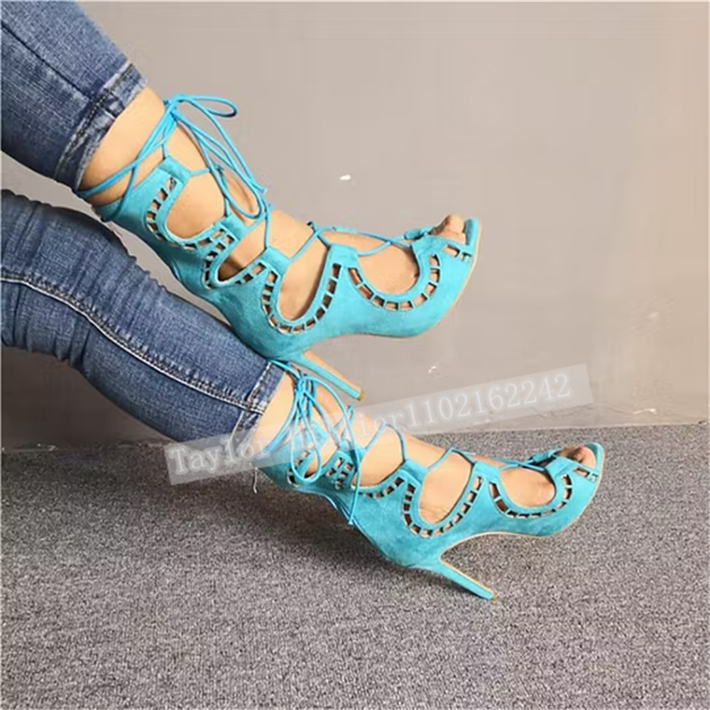 Blue Open-Toe Criss-Cross Stra - Suede Ankle Boot 评论和价格