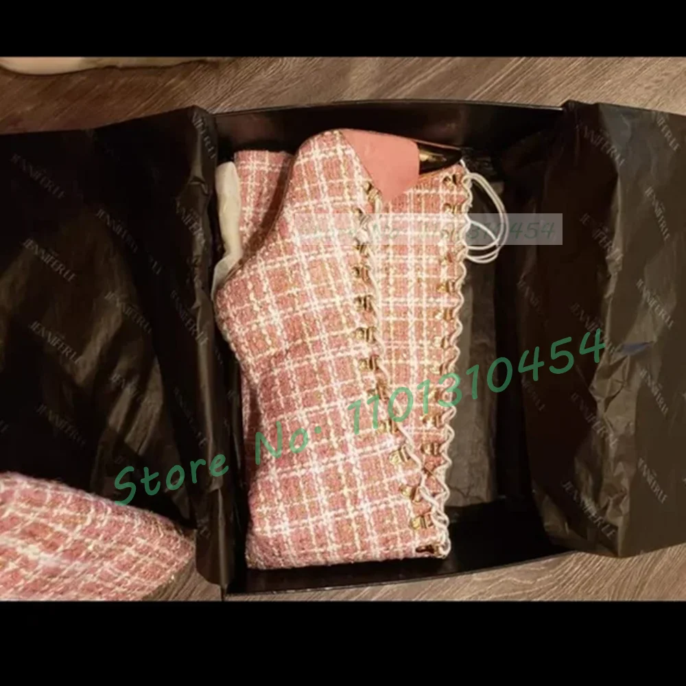 Pink Plaid Hollow Tall Boots W - Sock Boot Women 评论和价格