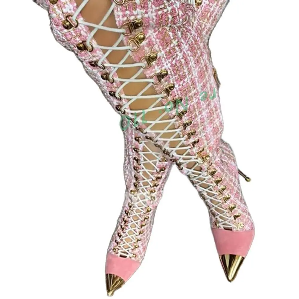 Pink Plaid Hollow Tall Boots W - Sock Boot Women 评论和价格