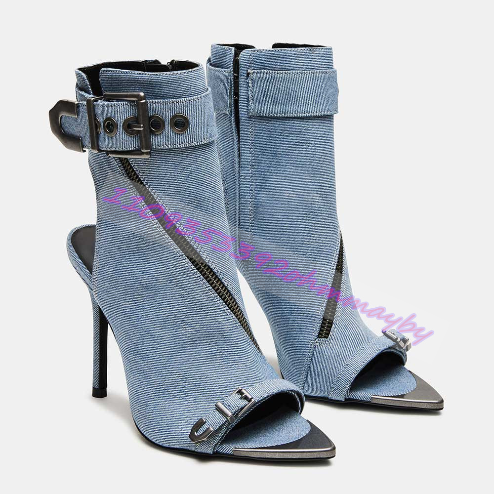 Summer Blue Denim Pointed-Toe  - Suede Ankle Boot 评论和价格