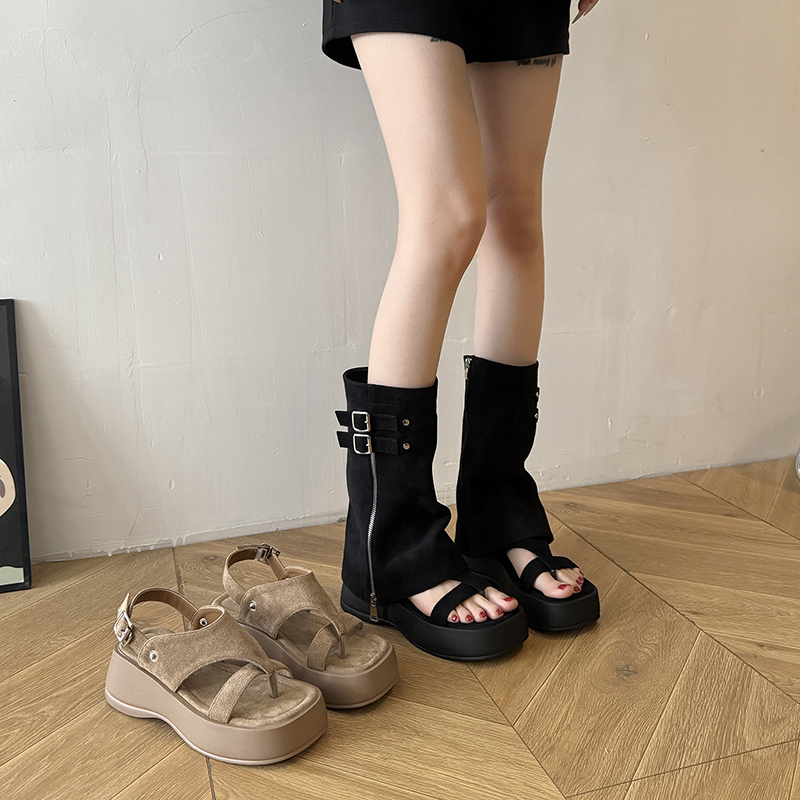 Women Suede Mid Calf Pants Boo - Thong Flat Sandal 评论和价格