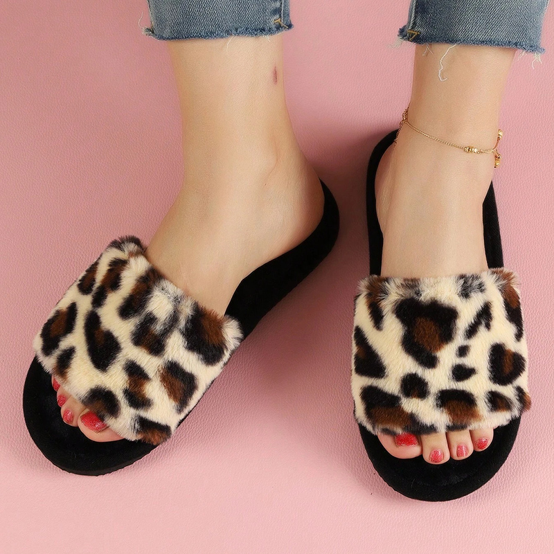 Fashion Leopard Print Fur Slip - Fluffy Fur Slipper 评论和价格