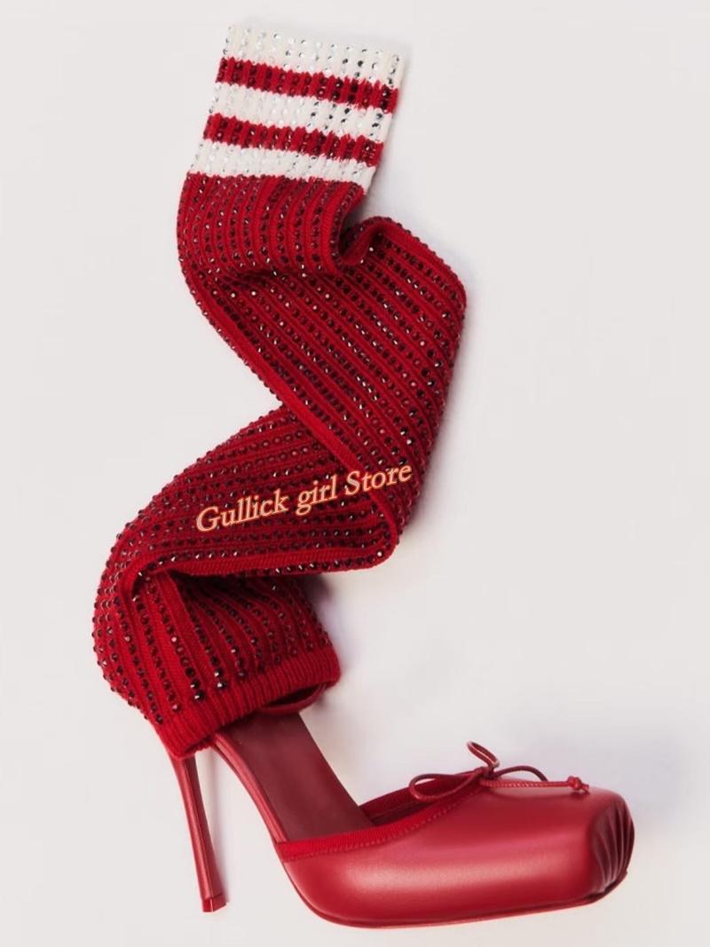 Red Knit Square Toe Boots Cut  - Sock Boot Women 评论和价格